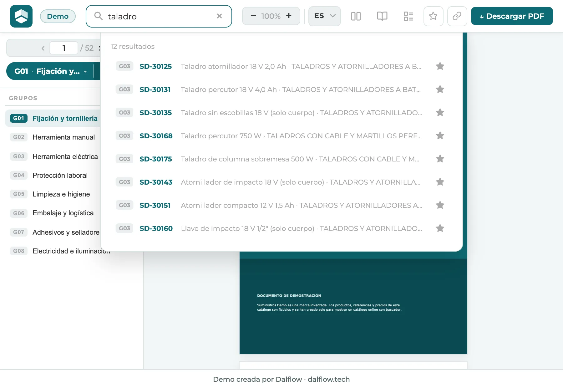 Demo del catálogo online: el buscador muestra los resultados de "taladro" con su referencia